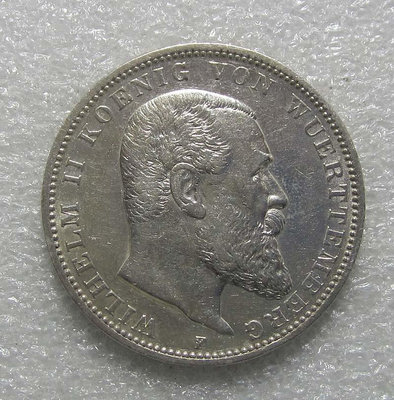 AU底光德國1908年符騰堡3馬克銀幣
