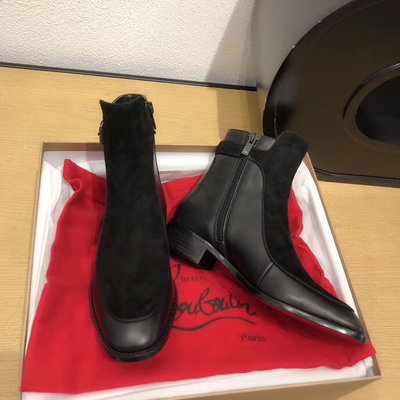 Christian Louboutin CL紅底鞋 暗黑系列側拉鍊拼皮短靴 套筒靴 休閒百搭靴