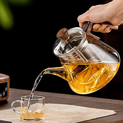 木把玻璃泡茶壺耐熱玻璃茶水分離蒸煮茶壺日式青純色茶壺茶杯單壺