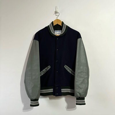 美國製 DeLONG Varsity Jacket 經典棒球外套 S 深藍羊毛 灰色牛皮袖 綠領