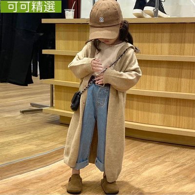 童裝女童長款針織小外套連帽毛衣外套兒童韓版時髦大衣-可可精選