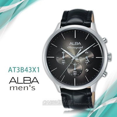 CASIO時計屋 ALBA 雅柏手錶 AT3B43X1 三眼計時男錶 皮革錶帶 黑 防水100米 日期顯示 分段時間 全