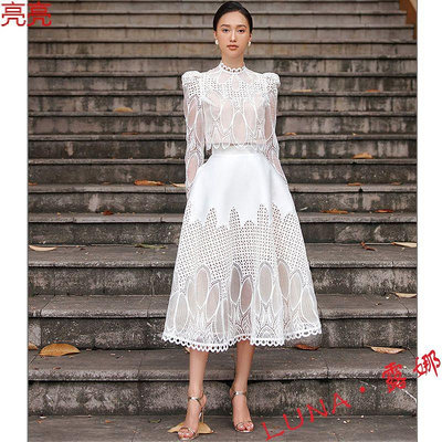 亮亮 22秋新款 越南 小眾設計師 品牌 訂製 洋裝 白色 長袖 蕾絲 氣質 禮服裙