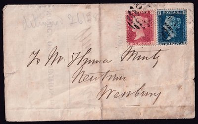 現貨熱銷-英國古典郵品-1868年貼藍便士、紅便士郵票2枚實寄封1件。爆款