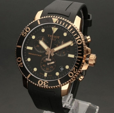 TISSOT Seastar1000 黑色錶盤 黑色橡膠錶帶 石英 三眼計時 男士手錶 T1204173705100 天梭300米潛水錶