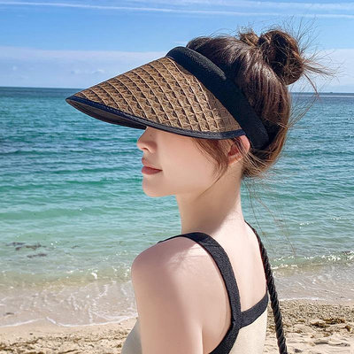 夏季女防曬帽子沙灘帽大檐防紫外線uv太陽帽草編空頂遮陽帽顯臉小