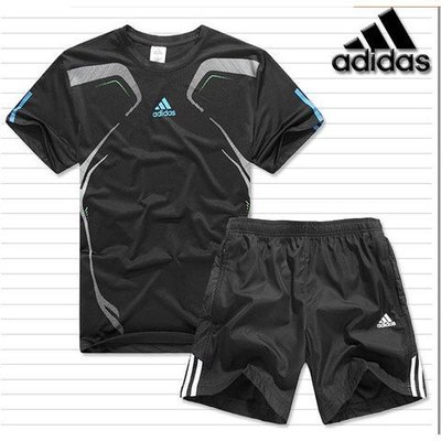 現貨熱銷-Adidas愛迪達男短袖運動套裝速幹兩件套跑步健身短套T恤運動服短褲五分褲