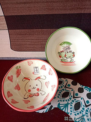 陶然居古董藝術品/中西方文物藝術收藏 ~ ~ 全新日本愛心粉紅免子+情侶青蛙瓷碗兩入一組