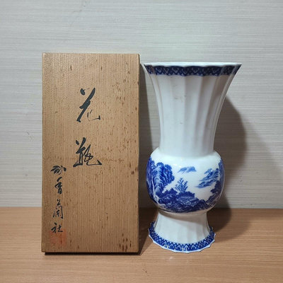 日本帶回老香蘭社香蘭東社花鼓型花瓶青花手繪山水畫片