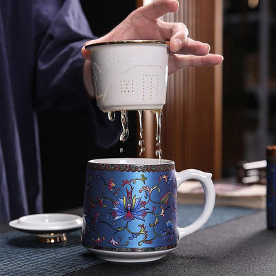 三友社 琺瑯彩陶瓷辦公杯茶葉罐小套組禮品茶水分離過濾泡茶杯家用個人杯qdd