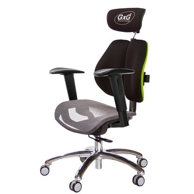 GXG 雙軸枕 雙背工學椅(鋁腳/2D升降扶手) 中灰網座 型號2706 LUA2