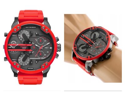 DIESEL Mr.Daddy2.0 鐵灰色錶盤紅色橡膠覆不鏽鋼錶帶石英三眼計時 男士手錶DZ7370