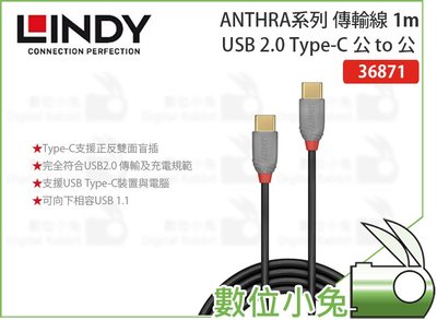 數位小兔【LINDY 林帝 ANTHRA系列 Type-C 公 to 公 1m】傳輸線 雙面盲插 USB 2.0