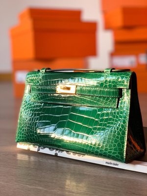 『RP精品』愛馬仕 HERMES  鱷魚皮Kelly mini一代 6Q翡翠綠 金扣手拿包 晚宴包