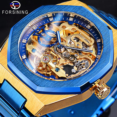 現貨男士手錶腕錶Forsining男士高檔全自動機械錶藍色鋼帶手錶陀飛輪防水腕錶