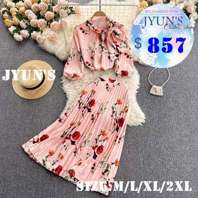 JYUN'S 春夏新款時尚名媛氣質優雅印花襯衫中長款半身裙子兩件套裝大尺碼1色M~2XL預購