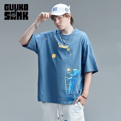 【熱賣精選】GUUKA&SANK藏克聯名藍色短袖T恤男潮牌嘻哈運動探月印花5分袖寬松