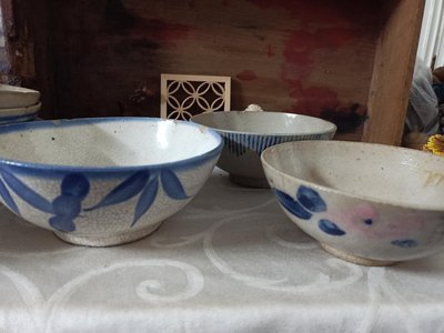 早期古早碗公青花陶瓷竹子胭脂紅藍紋古碗/懷舊復古風格擺飾（1039）