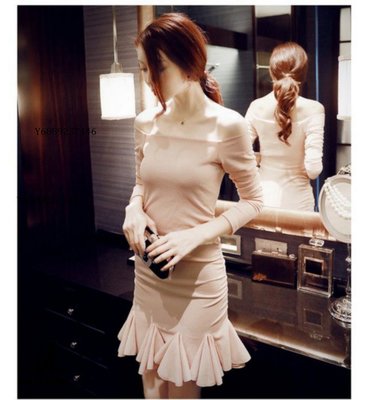 DB 40329 韓版修身包臀打底裙一字領露肩荷葉邊針織長袖連衣裙氣質洋裝粉色 現貨