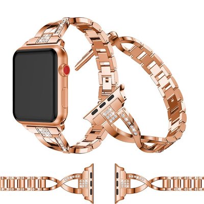 蘋果手錶6代通用Apple Watch 1/2/3/4/5通用蘋果手錶X字鑲鑽鋁合金錶帶SE手錶女生女性時尚潮流錶帶I6