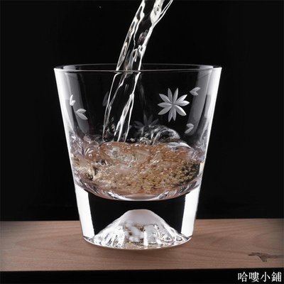 哈嘍小鋪 富士山透明雪山水晶玻璃杯江戶手作同款浮雕櫻花水茶杯紅酒杯