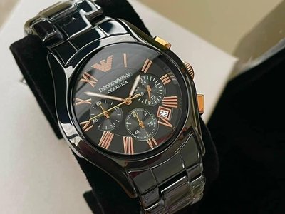 EMPORIO ARMANI 黑色陶瓷材質 羅馬數字刻度 石英 三眼計時 男士手錶AR1410 亞曼尼腕錶