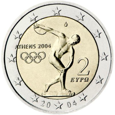 【超值硬幣】希臘2004年 二歐元 2EURO 雙色紀念幣一枚 雅典奧運紀念 第一枚2歐元紀念幣 少見~
