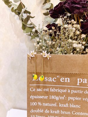 廠家直銷#法國Les Nereides 檸檬白花綠葉 流蘇耳環耳釘耳夾 可愛氣質