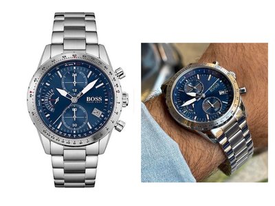 HUGO BOSS Pilot Edition 藍色面錶盤 銀色不鏽鋼錶帶 石英 三眼計時 男士手錶 1513850