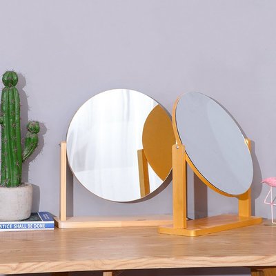 特賣- 全實木超大化妝鏡松木臺式桌面半身木框鏡方形圓理發可調節雙面鏡