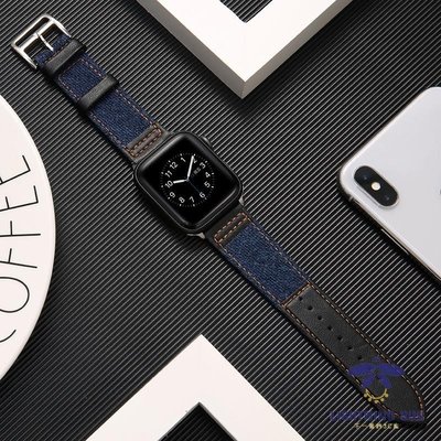 現貨熱銷-新款 蘋果手錶錶帶 適用於Apple Watch 5代 牛仔布真皮錶帶 iWatch4/3/2/1代 運動錶帶