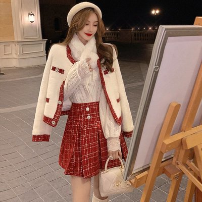 名媛風小香風套裝 聖誕派對 女2020秋冬新紅色毛呢編織外套格紋裙子洋氣兩件套