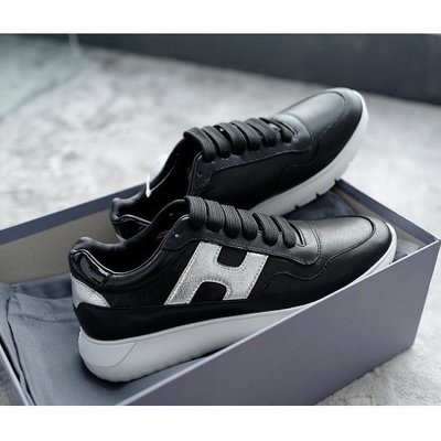 HOGAN 銀色H logo字母 黑色牛皮 鞋帶 厚底休閒鞋Interactive3 尺寸齊全