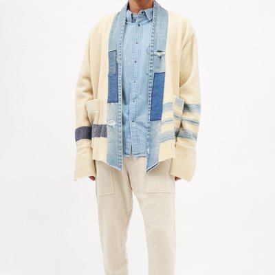 GREG LAUREN Shawl-collar wool-blend overshirt 男單寧拼接領羊毛混紡外套 超低折扣代購中