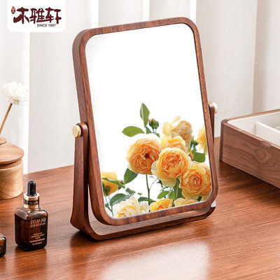高端實木鏡子高清化妝鏡臺式桌面主臥室圓方形木框中式復古梳妝鏡