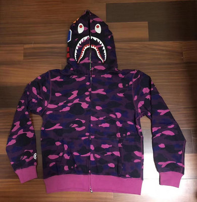 全館免運 日本bathing ape潮牌bape shark camo zip up hoodie 鯊魚迷彩紫紅色男女連帽拉鏈外套衛衣 可開發票