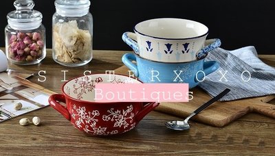 Sis 歐美 法式 土耳其藍 釉瓷 廚房 餐具 雙耳瓷碗 大容量泡麵碗 沙拉碗 3色
