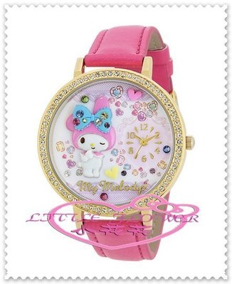 小花花日本精品♥ Hello Kitty 日製 美樂蒂 水鑽手錶 浮雕軟陶皮革錶帶 手表  桃色寶石00807401