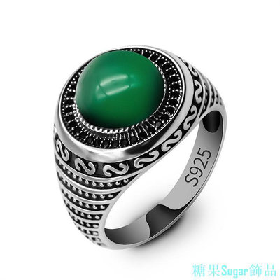 糖果Sugar飾品925 純銀男士戒指配圓形綠色縞瑪瑙石首飾禮物銀手婚禮瑪瑙手環