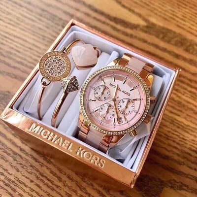 Michael Kors MK手錶女士鑲鑽粉色膠間時尚潮流手錶三眼女錶三件套