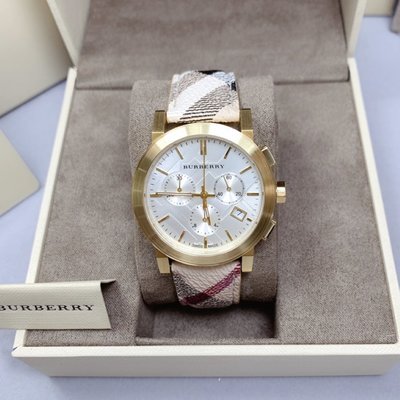 BURBERRY The City 金色框白色面錶盤  格紋皮革錶帶 石英 三眼計時 女士手錶 BU9752