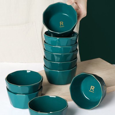 北歐風輕奢質感金邊碗家用陶瓷墨綠色創意吃米飯碗小湯碗餐具套裝~特價