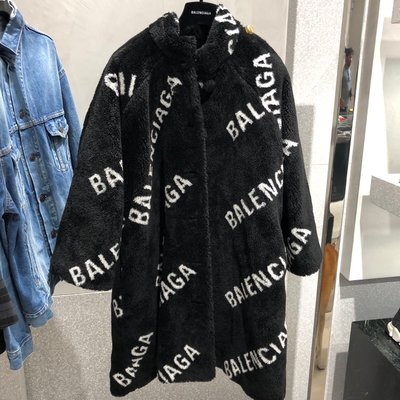【BLACK A】精品 Balenciaga 19秋冬新款黑色毛毛faux-fur 皮草logo長款大衣泰迪熊外套oversized