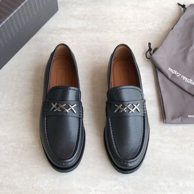 100％原廠 Zegna傑尼亞新款男士黑色低幫休閑皮鞋柔軟粒面小牛皮套腳樂福鞋
