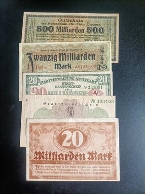 正【德國高通膨時期1923年200-5000億-MARK紙鈔】5張一組
