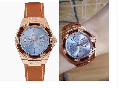 GUESS女士手錶 Limelight系列 藍色錶面盤 棕色皮革錶帶 石英 三眼腕錶W0775L7
