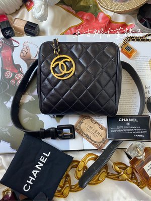 （送走）Chanel vintage 古董黑金羊皮大logo腰包/超可愛少見方形款