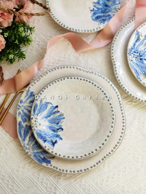 DANQi Garden 出口外貿美單AN珠邊西餐盤窯變釉花朵陶瓷餐盤擺盤