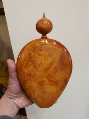 台灣黃檜木聚寶盆（大扁瓶）重油/油花寬16高26厚4.5/特價3500