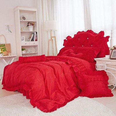 公主床罩組 標準雙人床罩組 奶油公主 紅色 5尺薄床罩 薄被套 4件組 公主風 床罩組 波浪床裙 床裙組